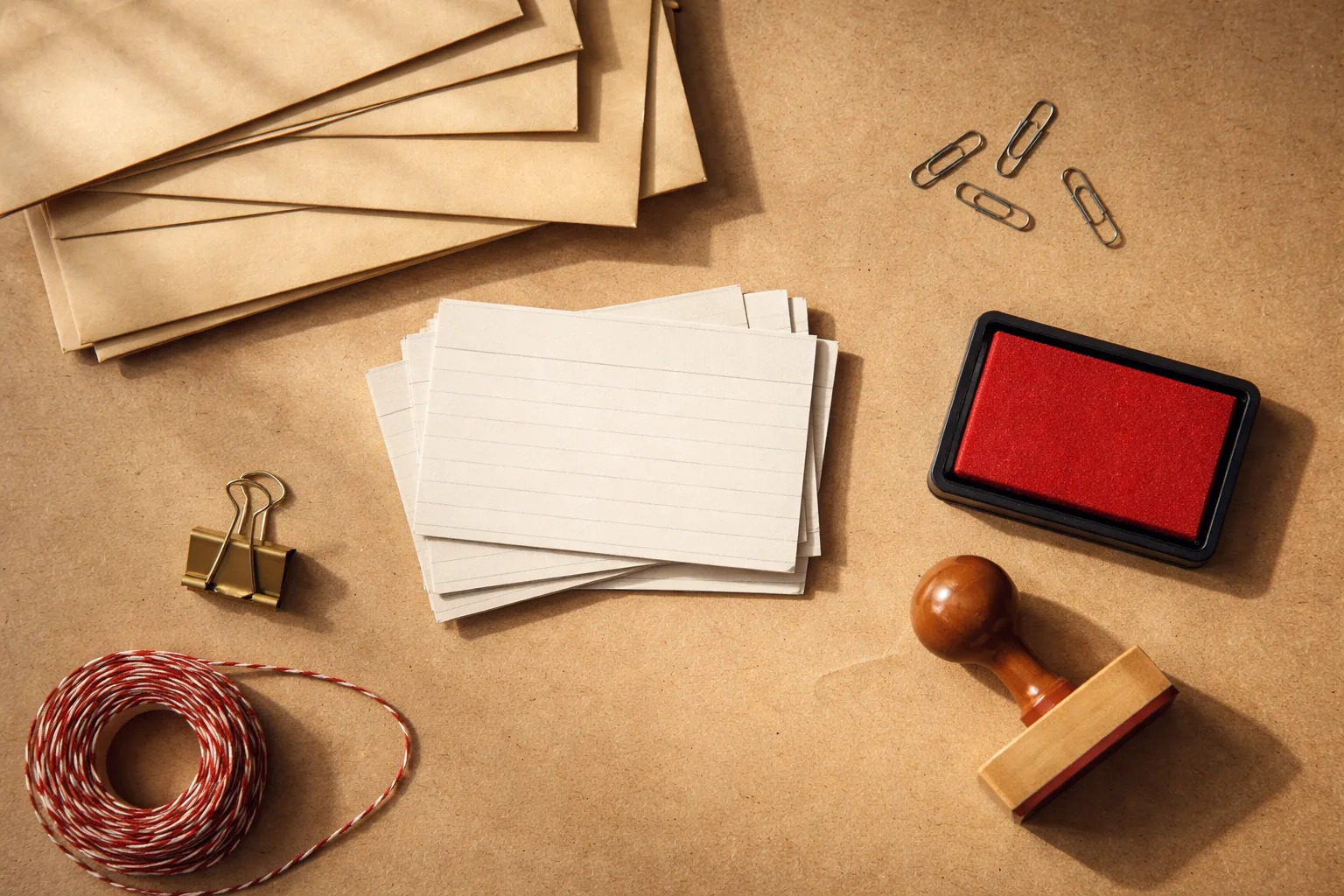 Flat-lay of paperwork, envelopes and a rubber stamp on a kraft desk