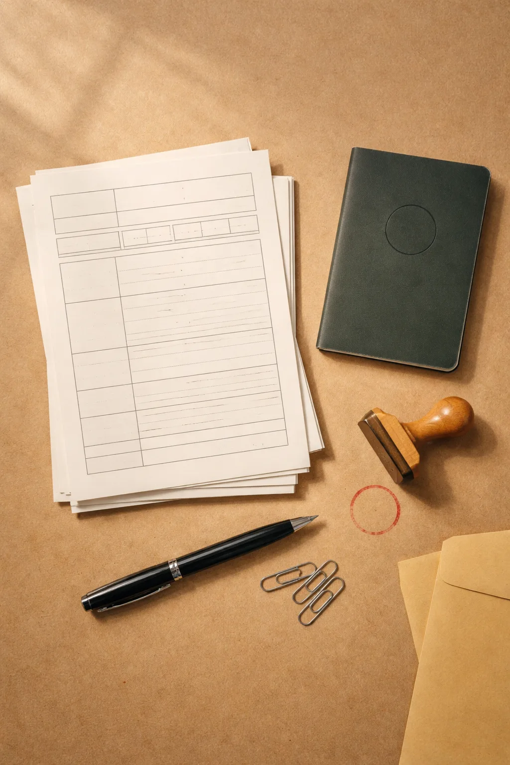 Flat-lay of blank forms, a passport, paperclips and a rubber stamp on a kraft-paper desk
